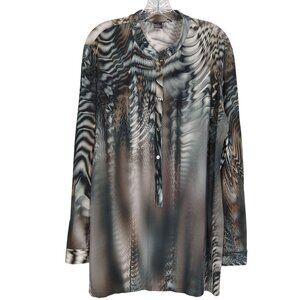 Yansi Fugel Vintage Tunic Abstract Print gray tan Long-Sleeve half Button-Up‎ L